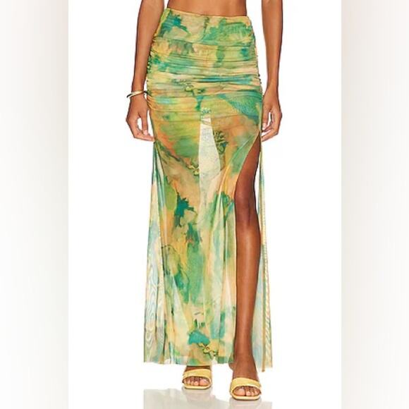 NWT Ronny Kobo Bruno Skirt Acid Tie Dye Size Large Ruched Mesh Maxi Bodycon - Picture 1 of 9